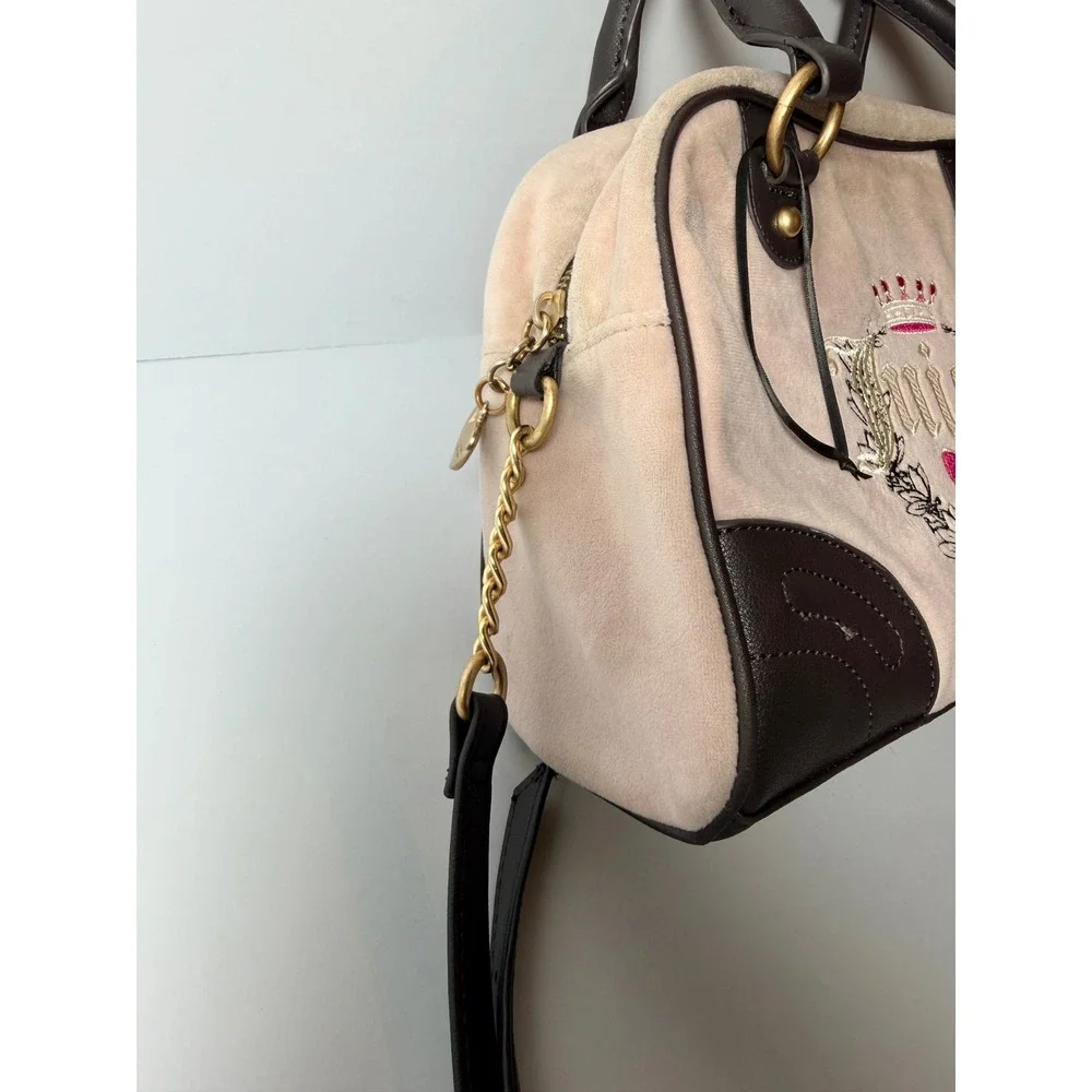 Juicy Couture Satchel Bag Women Small Pink Velour Embroidered Heart Crossbody